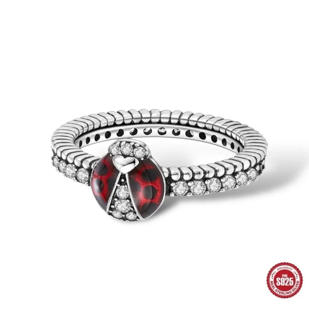 New Ladybug Ring Sz 6 S925 Solid Sterling Silver Red Enamel CZ Whimsical